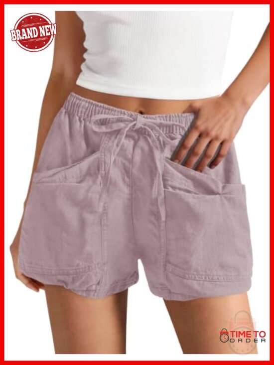 Pants - Yanekop Cotton Linen High Waisted Drawstring Cargo Shorts